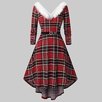 Women's Christmas Tartan Dress Sheath Dress Red grid Green grid Red Long Sleeve Plaid Pure Color Zipper Feather Winter Fall Off Shoulder Vintage Fall Dress Slim 2022 S M L XL XXL  Winter Dress Lightinthebox - thumbnail