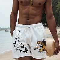 Men's Shorts Summer Shorts Beach Shorts Drawstring Elastic Waist 3D Print Graphic Tiger Breathable Soft Short Casual Daily Holiday Streetwear Hawaiian White Blue Micro-elastic Lightinthebox - thumbnail