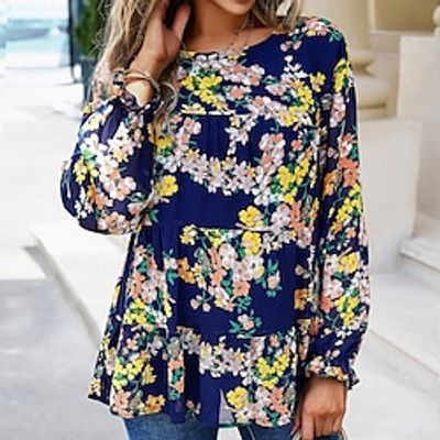 Women's Royal Blue Plain Print Long Sleeve Round Neck Form Fit Portrait Fleece lined Bell Sleeve Fall  Winter Lightinthebox