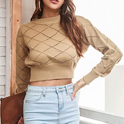 Women's Pullover Sweater Cropped  Sweater Knitted Argyle Stylish Basic Casual Long Sleeve Sweater Cardigans Crew Neck Fall Winter Blushing Pink Khaki White miniinthebox