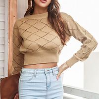 Women's Pullover Sweater Cropped  Sweater Knitted Argyle Stylish Basic Casual Long Sleeve Sweater Cardigans Crew Neck Fall Winter Blushing Pink Khaki White miniinthebox - thumbnail