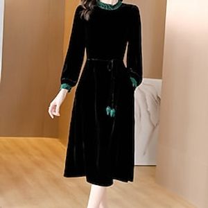 Women's Velvet Dress Midi Dress Midi Dress Black Long Sleeve Color Block Patchwork Winter Fall Autumn Crew Neck Stylish Winter Dress Weekend Fall Dress Loose Fit 2023 M L XL XXL 3XL 4XL miniinthebox