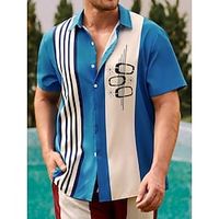 Men's Shirt Striped Graphic Prints Geometry Turndown Blue Green Street Casual Short Sleeves Button-Down Print Clothing Apparel Fashion Streetwear Designer Soft miniinthebox - thumbnail