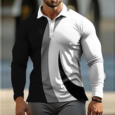 Geometry Casual Men's 3D Print Golf Polo Outdoor Casual Daily Streetwear Polyester Long Sleeve Turndown Polo Shirts Black White Fall  Winter S M L Micro-elastic Lapel Polo miniinthebox