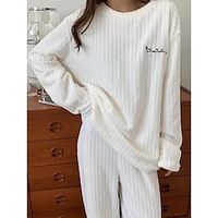 Women's Fleece Pajamas Sets Letter Plush Casual Comfort Home Daily Bed Coral Fleece Coral Velvet Warm Crew Neck Long Sleeve Pullover Pant Elastic Waist Fall Winter Light Pink White miniinthebox - thumbnail
