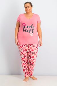 Womens Plus Size Printed Top And Pajama Set  Pink