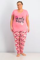 Womens Plus Size Printed Top And Pajama Set  Pink - thumbnail