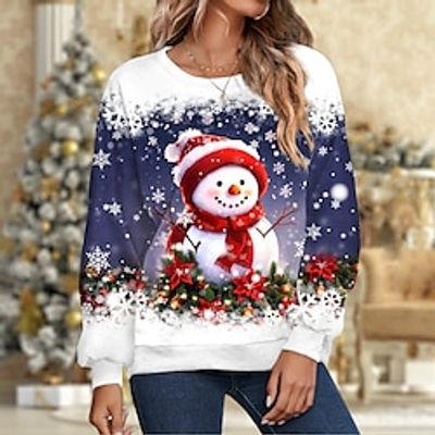 Women's Pullover Christmas Sweatshirt Sportswear Festival Print Navy Blue Snowman Snowflake Christmas Casual Round Neck Long Sleeve Top Micro-elastic Fall  Winter Lightinthebox