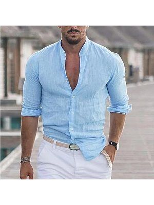 Men's Linen Solid Color Casual Stand Collar Long Sleeve Shirt