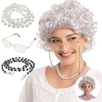 Adult/Child Curly Grey Granny Wig Set with Wig Cap Glasses Eyeglass Chain and Pearl Necklace Old Lady Costume Wig Halloween Cosplay Party Accessories miniinthebox - thumbnail