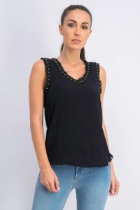 Womens Studded V-Neck Top  Black