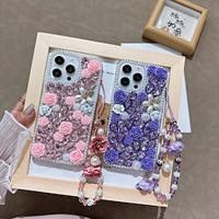 Phone Case For iPhone 15 Pro Max iPhone 14 13 12 11 Pro Max Plus Mini SE Back Cover with Wrist Strap Non-Yellowing Flower Floral TPU Rhinestone Lightinthebox - thumbnail