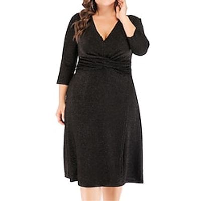 Women's Plus Size Black Dress Party Dress Cocktail Dress Midi Dress Black Gold Gray Long Sleeve Plain High Waist Summer Spring Fall V Neck Elegant Wedding Guest Birthday Vacation XL XXL 3XL 4XL 5XL Lightinthebox
