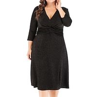 Women's Plus Size Black Dress Party Dress Cocktail Dress Midi Dress Black Gold Gray Long Sleeve Plain High Waist Summer Spring Fall V Neck Elegant Wedding Guest Birthday Vacation XL XXL 3XL 4XL 5XL Lightinthebox - thumbnail