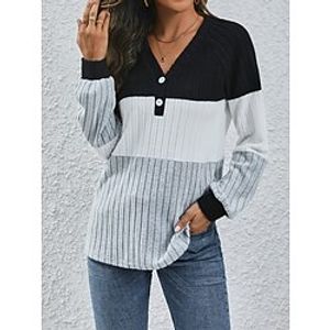 Women's T shirt Tee Henley Shirt Ribbed Color Block Gray Button Long Sleeve Daily Weekend Fashion V Neck Regular Fit Fall  Winter Lightinthebox