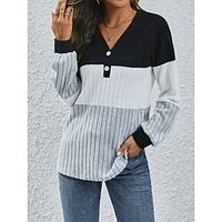 Women's T shirt Tee Henley Shirt Ribbed Color Block Gray Button Long Sleeve Daily Weekend Fashion V Neck Regular Fit Fall  Winter Lightinthebox - thumbnail
