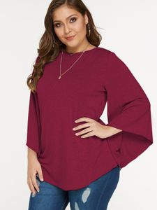Plus Size Burgundy Criss Cross Bell Sleeves T-shirt