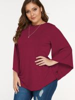 Plus Size Burgundy Criss Cross Bell Sleeves T-shirt - thumbnail