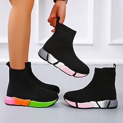 Women's Sneakers Boots Sock Boots Plus Size Flyknit Shoes Outdoor Daily Booties Ankle Boots Flat Heel Round Toe Casual Comfort Tissage Volant Loafer Solid Color Black  Red Colorful Lightinthebox