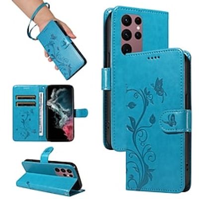 Phone Case For Samsung Galaxy S24 S23 S22 S21 Ultra Plus S21 FE A53 Wallet Case Embossed Full Body Protective with Wrist Strap Tree Butterfly TPU PU Leather Lightinthebox