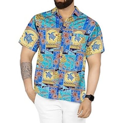 Men's Shirt Summer Hawaiian Shirt Color Block Graphic Prints Turtles Turndown Blue Street Casual Short Sleeves Button-Down Print Clothing Apparel Fashion Streetwear Designer Soft miniinthebox