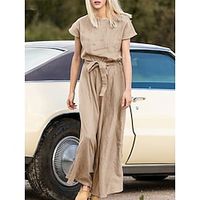 Women's Casual Dress A Line Dress Summer Dress Long Dress Maxi Dress Lace up Pocket Street Holiday Date Streetwear Maxi Crew Neck Short Sleeve Loose Fit Khaki Dark Blue Coffee Color S M L XL 2XL Size Lightinthebox