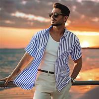Men's Shirt Blue Short Sleeve Striped Turndown Shirt Collar Work Sports Outdoor Button Clothing Apparel Vacation Daily Casual Daily Lightinthebox