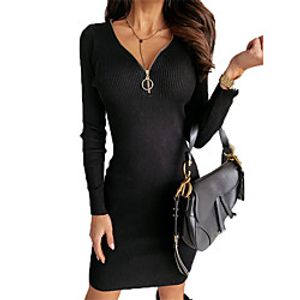 Women's Sheath Dress Short Mini Dress Dark Green White Black Beige Long Sleeve Solid Color Zipper Fall V Neck Casual 2021 S M L XL XXL miniinthebox