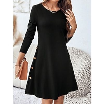 Women's Black Dress Party Dress Cocktail Dress Black Dress Midi Dress Black Long Sleeve Pure Color Button Spring Fall Winter Crew Neck Fashion Winter Dress Vacation XXL 3XL Lightinthebox