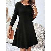 Women's Black Dress Party Dress Cocktail Dress Black Dress Midi Dress Black Long Sleeve Pure Color Button Spring Fall Winter Crew Neck Fashion Winter Dress Vacation XXL 3XL Lightinthebox - thumbnail