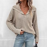 Women's Pullover Sweater Jumper V Neck Crochet Knit Acrylic Knitted Fall Winter Regular Outdoor Daily Going out Streetwear Stylish Casual Long Sleeve Solid Color Khaki S M L Lightinthebox - thumbnail