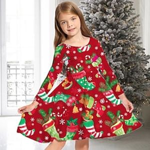 Kids Girls' Christmas Dress Graphic Casual Dress Above Knee Dress Christmas Gifts Crewneck Long Sleeve Adorable Dress 2-13 Years Winter Black Wine Red Lightinthebox