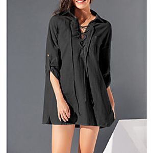 Women's Blouse Shirt Solid Colored Long Sleeve Drawstring Patchwork Shirt Collar Basic Tops Cotton White Black miniinthebox