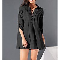 Women's Blouse Shirt Solid Colored Long Sleeve Drawstring Patchwork Shirt Collar Basic Tops Cotton White Black miniinthebox - thumbnail
