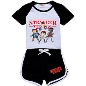 Kids Girls' T-shirt  Shorts Clothing Set 2 Pieces Stranger Things Short Sleeve Black Blue Purple Cartoon Solid Color Crewneck Outdoor Cosplay Costumes Active Daily Regular 3-13 Years Lightinthebox