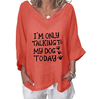 Women's Plus Size Tops T shirt Text Print 3/4 Length Sleeve Round Neck Basic Casual Spring Summer Blue Blushing Pink Gray Big Size L XL 2XL 3XL 4XL / Holiday / Loose miniinthebox