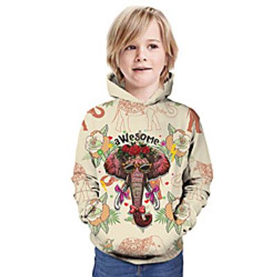 Kids Boys' Hoodie  Sweatshirt Long Sleeve 3D Print Floral Elephant Animal Unisex Beige Children Tops Summer Active Daily Wear Christmas Regular Fit 3-13 Years Lightinthebox