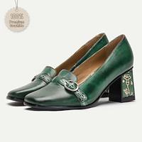 Women's Pumps Vintage Shoes Handmade Shoes Vintage Shoes Wedding Party Valentine's Day Floral Block Heel Fantasy Heel Elegant Vintage Leather Loafer Green Lightinthebox - thumbnail