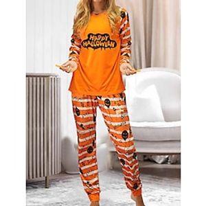 Women's Halloween Lounge Sets 2 Pieces Cat Letter Fashion Casual Comfort Street Daily Date Polyester Breathable Crew Neck Long Sleeve Pant Summer Fall Black White Lightinthebox