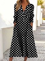 V-Neck Polka Dot Printed Long Sleeve Midi Dress