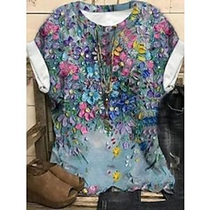Women's Plus Size Tops T shirt Tee Floral Graphic Print Short Sleeve Crewneck Basic Streetwear Daily Sports Cotton Spandex Jersey Spring Summer Blue miniinthebox