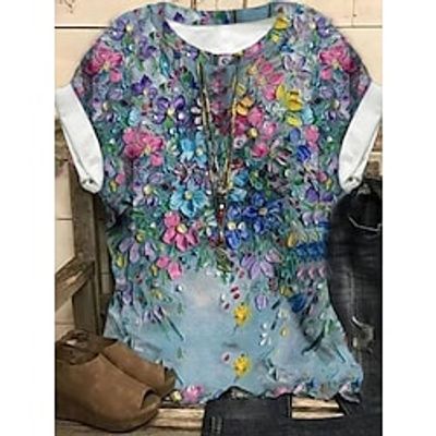 Women's Plus Size Tops T shirt Tee Floral Graphic Print Short Sleeve Crewneck Basic Streetwear Daily Sports Cotton Spandex Jersey Spring Summer Blue miniinthebox