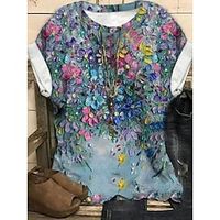 Women's Plus Size Tops T shirt Tee Floral Graphic Print Short Sleeve Crewneck Basic Streetwear Daily Sports Cotton Spandex Jersey Spring Summer Blue miniinthebox - thumbnail