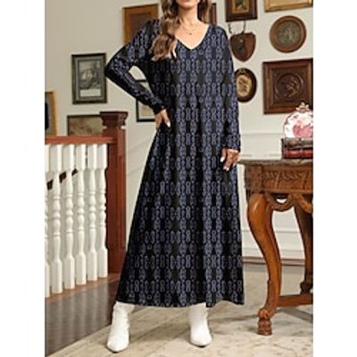Women's Casual Dress T Shirt Dress Tee Dress Geometric Print Pocket V Neck Long Dress Maxi Dress Streetwear Maxi Street Date Long Sleeve Regular Fit Blue Purple Green Spring S M L XL 2XL Lightinthebox