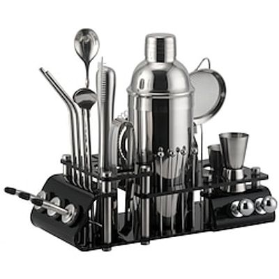 24pcsset Bartender Kit With Stand, 750ml Stainless Steel Cocktail Shaker Set, Portable Bar Tools Set For Drink Mixing, Great Gift For Home, Bar, Party Cocktail Kit Lightinthebox