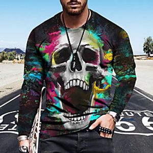 Men's Tee T shirt Shirt 3D Print Graphic Skull Plus Size Print Long Sleeve Casual Tops Basic Designer Slim Fit Big and Tall Blue Rainbow Black Lightinthebox