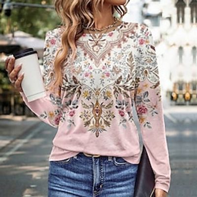 Women's T shirt Tee Floral Pink Blue Purple Print Long Sleeve Holiday Weekend Fashion Round Neck Regular Fit Spring   Fall Lightinthebox