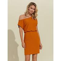 Women's Rayon Casual Orange High Elastic Knit Drop Shoulder Knee Length Dress