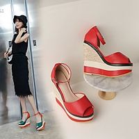 Women's Sandals Wedge Heel Round Toe Nubuck Leather Color Block Red Green miniinthebox - thumbnail