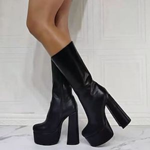 Women's Boots Heel Boots Party Daily Mid Calf Boots Flare Heel Round Toe PU Zipper Solid Colored Black miniinthebox